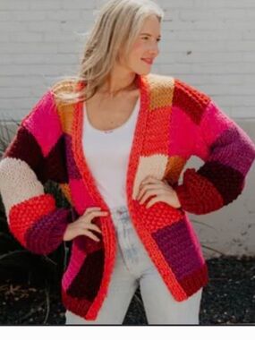 Katydid Chunky Colorblock Open-Front Crochet Acrylic Sweater Cardigan M/L